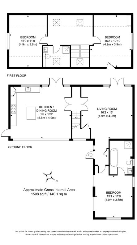 The floor plan for 2 Bagden Farm Cottage, showing the ground floor with bedroom, en-suite bathroom, sitting room and kitchen